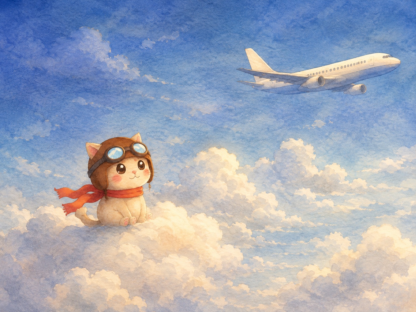 イラスト。雲の上のパイロット猫の頭上を旅客機が飛んでいく