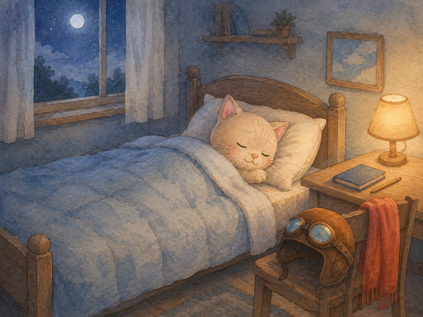 飛行帽と赤いマフラーを椅子に置いて、青い布団でぐっすり眠る小さな猫
