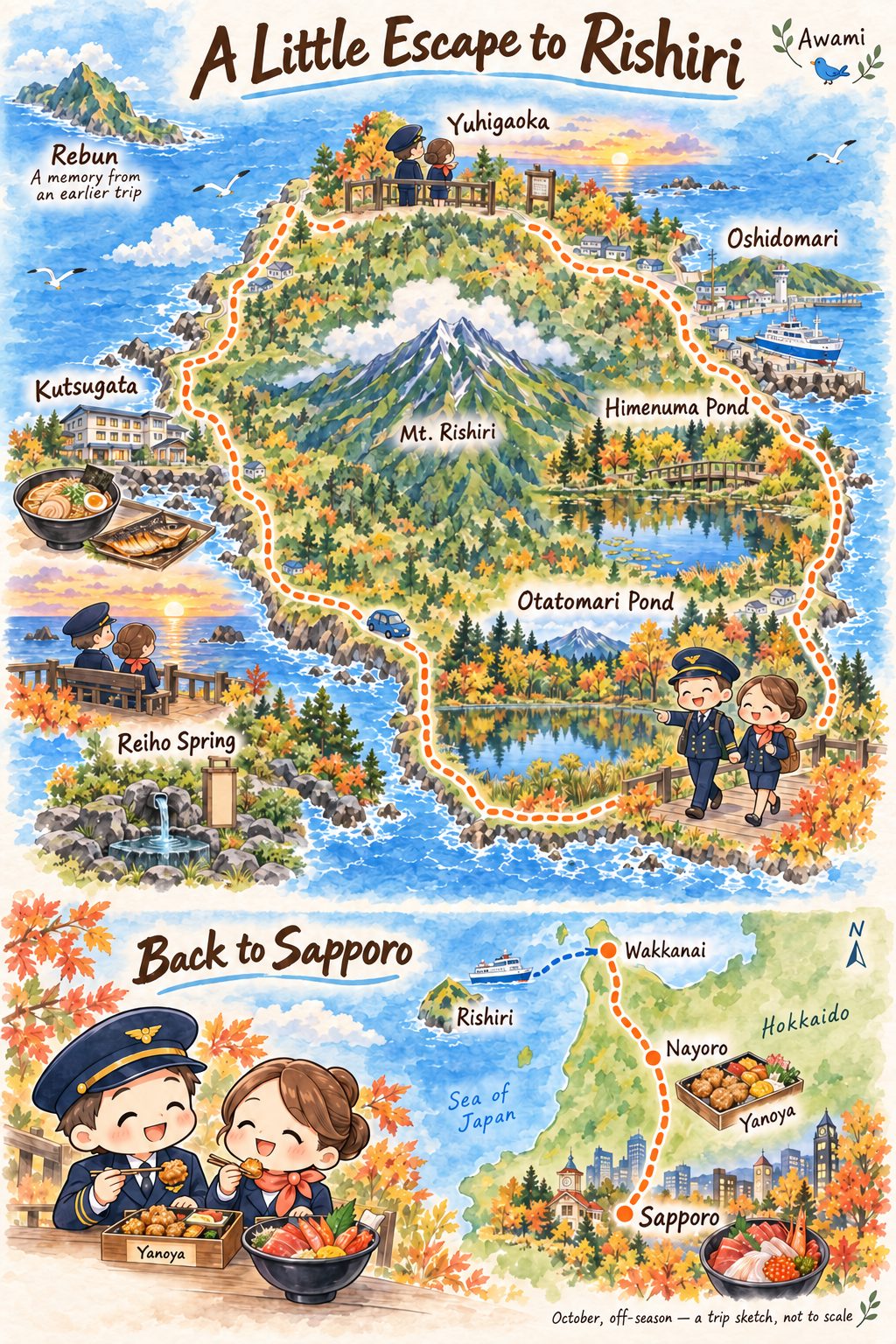 Watercolor sketch of stops around Rishiri and the return journey via Wakkanai and Nayoro to Sapporo