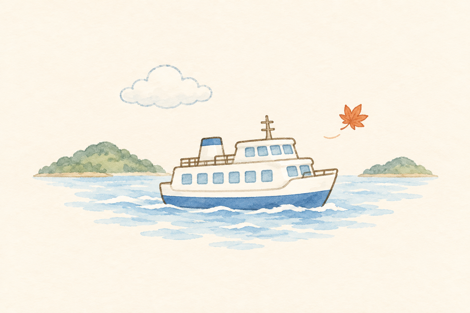 淡い水彩で描いた白と青のフェリー。奥に小さな緑の島