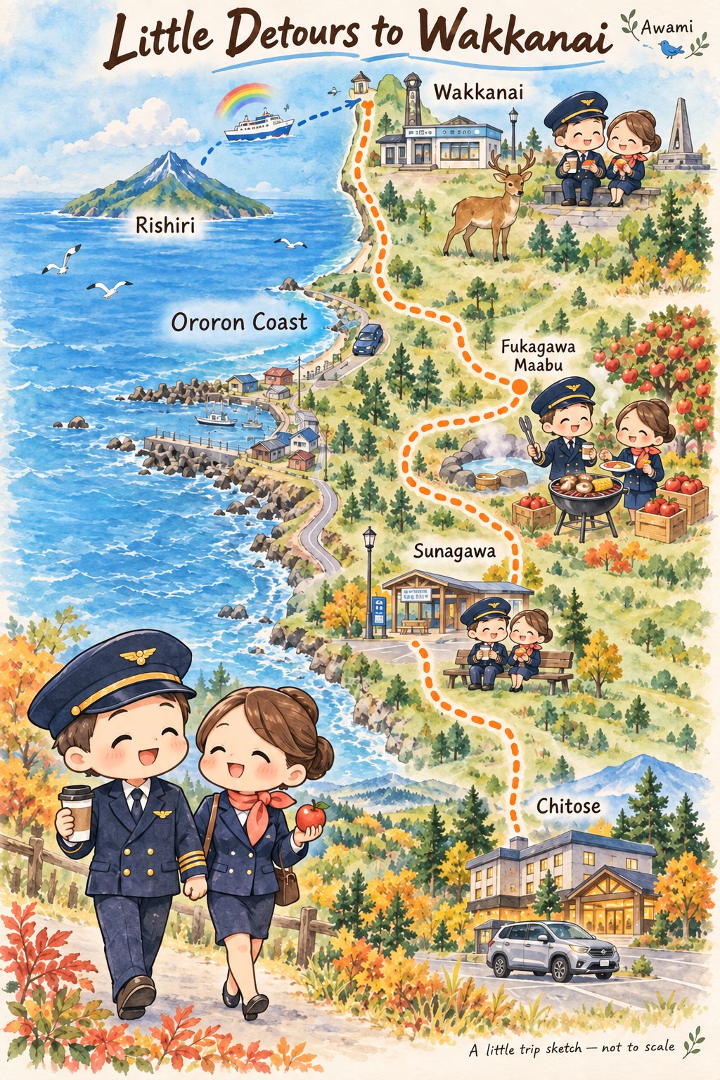 A watercolor trip map from Chitose to Wakkanai and Rishiri, with a cute pilot and flight attendant walking together