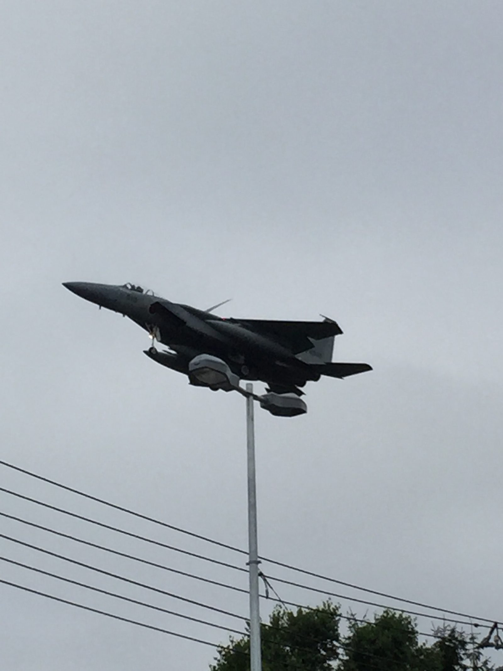 曇り空の下、街灯と電線の上を飛ぶ戦闘機